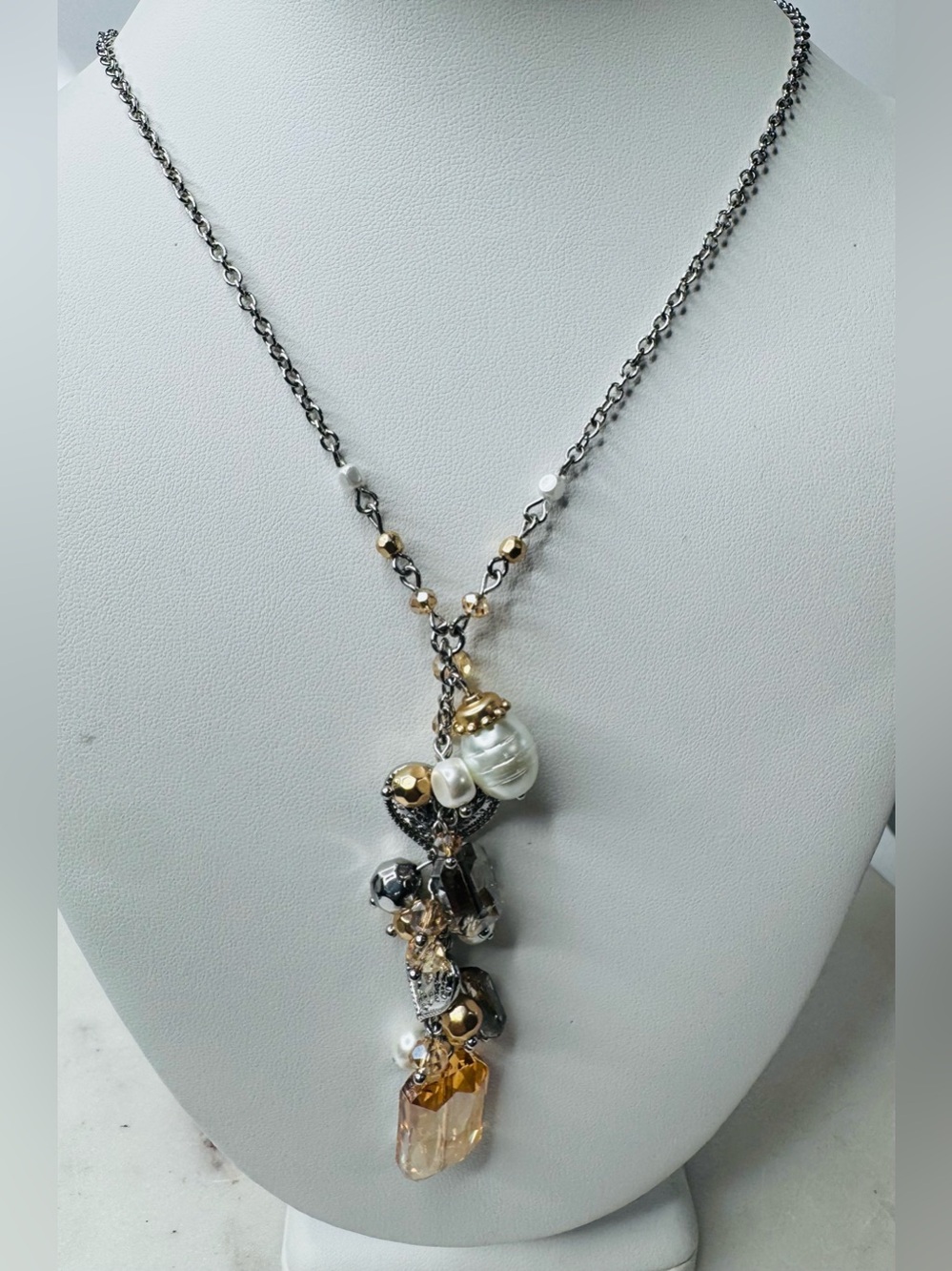 Chico’s Y drop Necklace Beaded Silver Tone